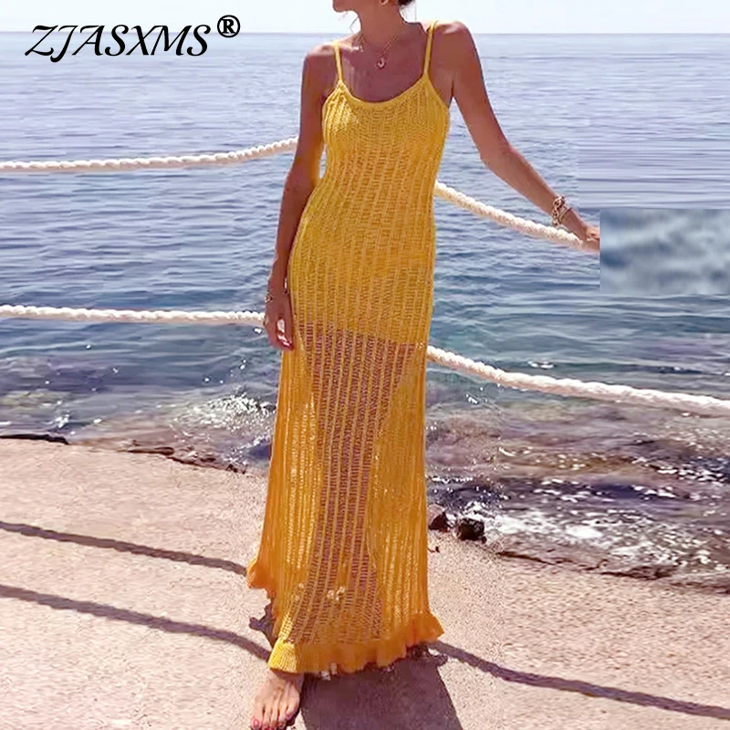 

2025 Spring Solid Knitting Spaghetti Strap Dress Woman Sexy V Neck Hollow Long Party Dress Summer Sleeveless Holiday Beach Dress