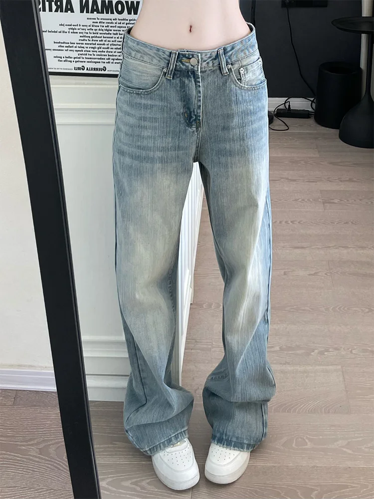 

Retro American Large Size Blue Faded Denim Jeans Women's Casual Loose Wide Leg Straight Long Trousers Trendy High Waist Zipper
