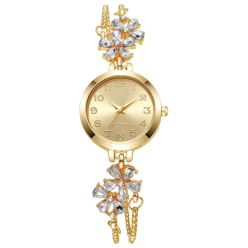 Adjustable Women's Quartz Watch Quartz Movement Waterproof Bracelet Watch Drawstring Design Diamond Inlaid Flower Bracelet Watch