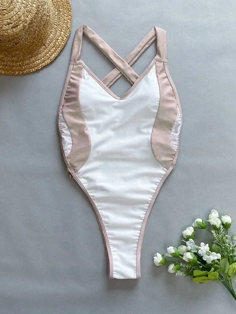 UETEEY Sexy Backless Spliced One Piece Swimsuit Women High Waist Beach Thong Bikini 2025 New Summer Swimwear One Piece Swimsuit