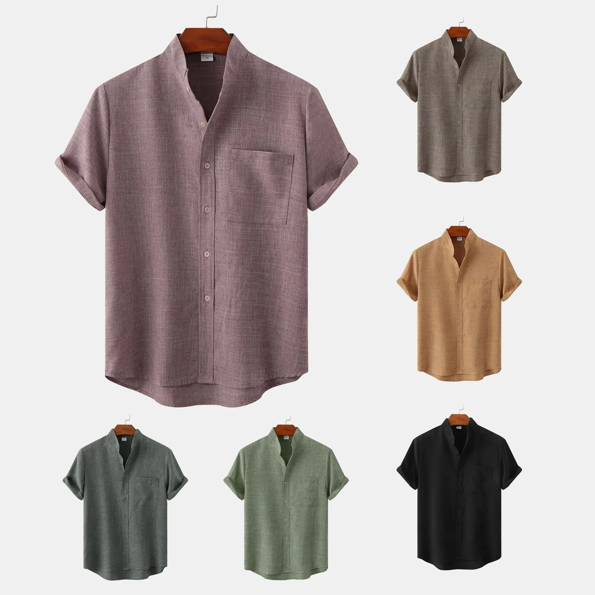 

Men's Summer Pure Color Cotton Linen irt Loose Fit ort Sve Square Collar Casual irt Versatile Wear for Different Occ...