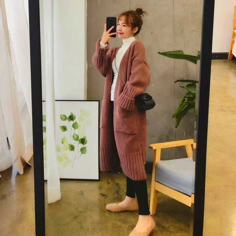 Koreanische Frühling Herbst 2025, lockere mittlere Länge, solide Strickjacke mit Taschen, entspannt, trendig, vielseitig, Basic-Stil