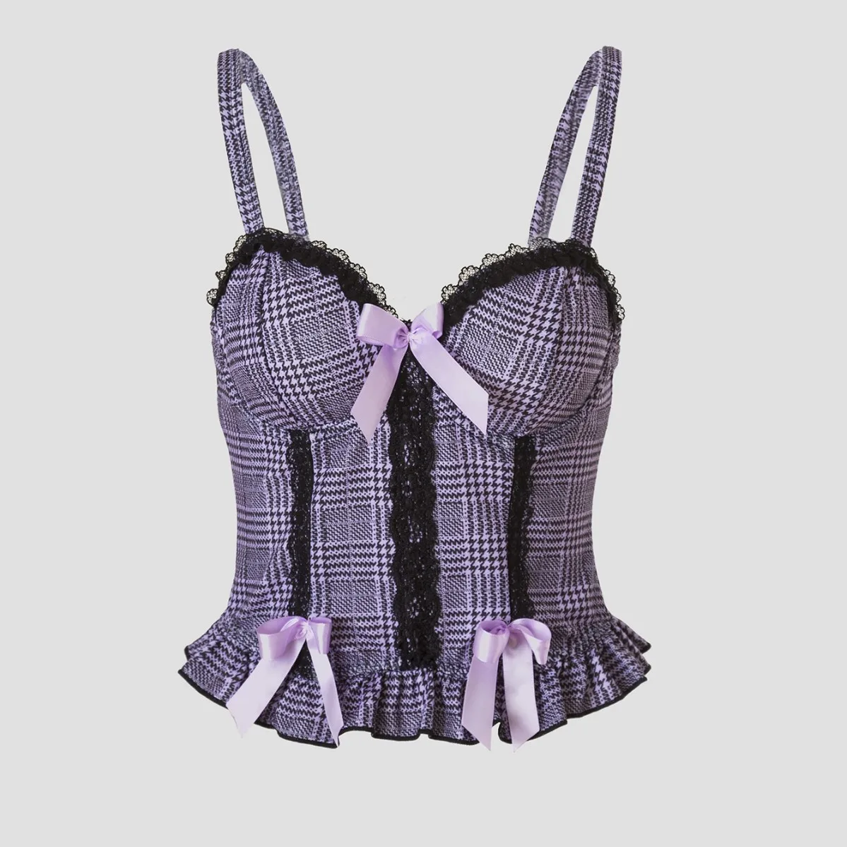 

Girl Japanese Yabi Y2K Purple Plaid Lace Splicing Bow Decorative Sexy Suspender Vest Vintage Lolita Suspender Corset for women