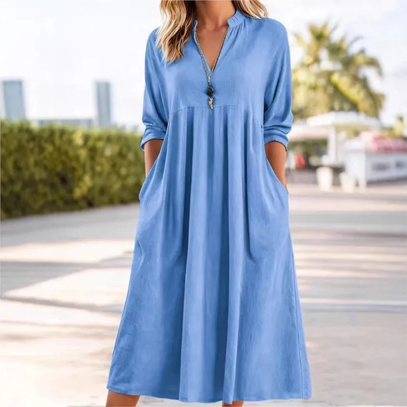 

Robe Femmes Soiree V-neck Solid Color Pocket Fashion Retro Cotton Linen Long-sleeved Dress Womens New A-line Holiday Beach Dress