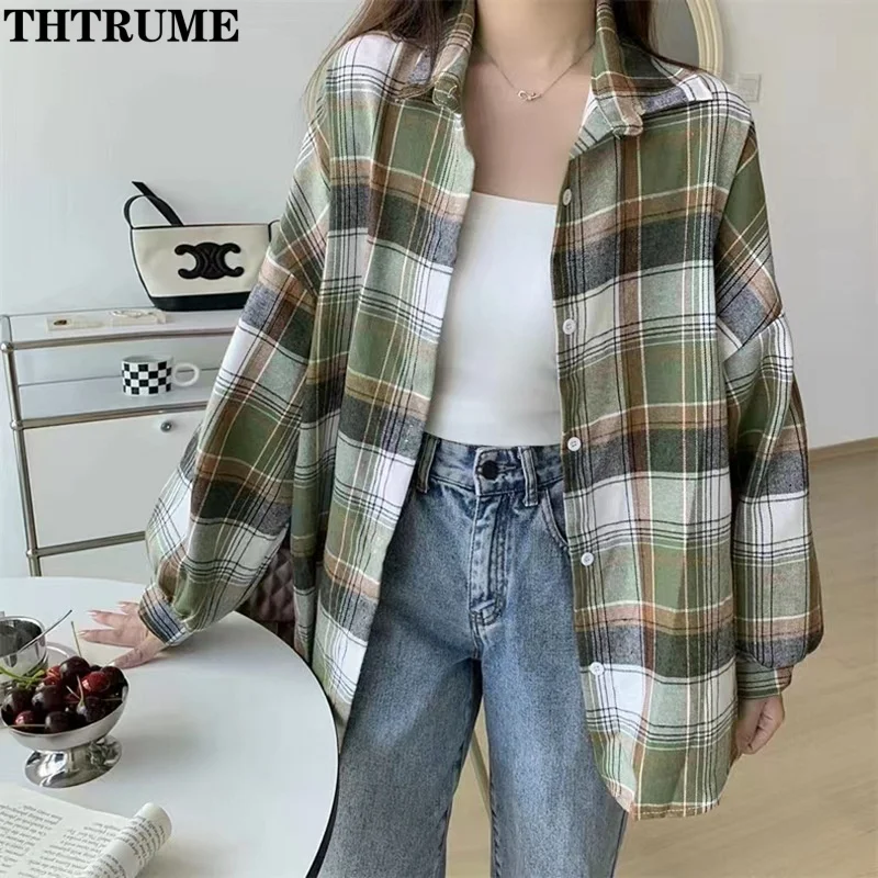 Elegant Plaid Loose Straight Shirts Fashion Women Korean Harajuku Autumn Long Sleeve Lapel Shirt Casual Communte Button New Tops