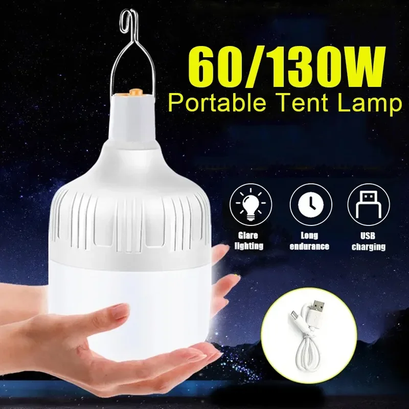 60/130W Portable Tent Lamp with Hook USB Rechargeable Battery Lantern BBQ Camping Light Outdoor Camping Bulb LED Emergency Light