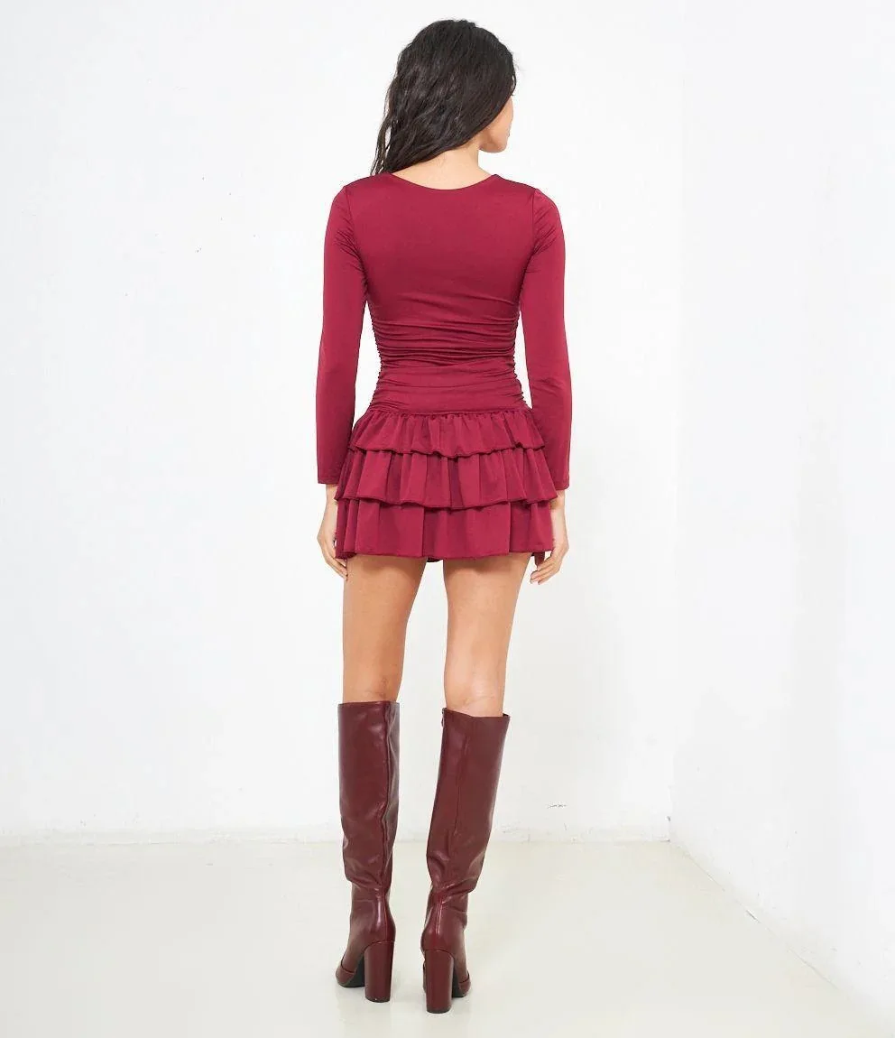 Damen-Kleid mit Rundhalsausschnitt und langen Ärmeln, figurbetont, mit geraffter Taille, mehrlagigem Rüschenrock, schmal geschnitten, Minikleid, lässig, Streetwear, Club, Party – Detail 18