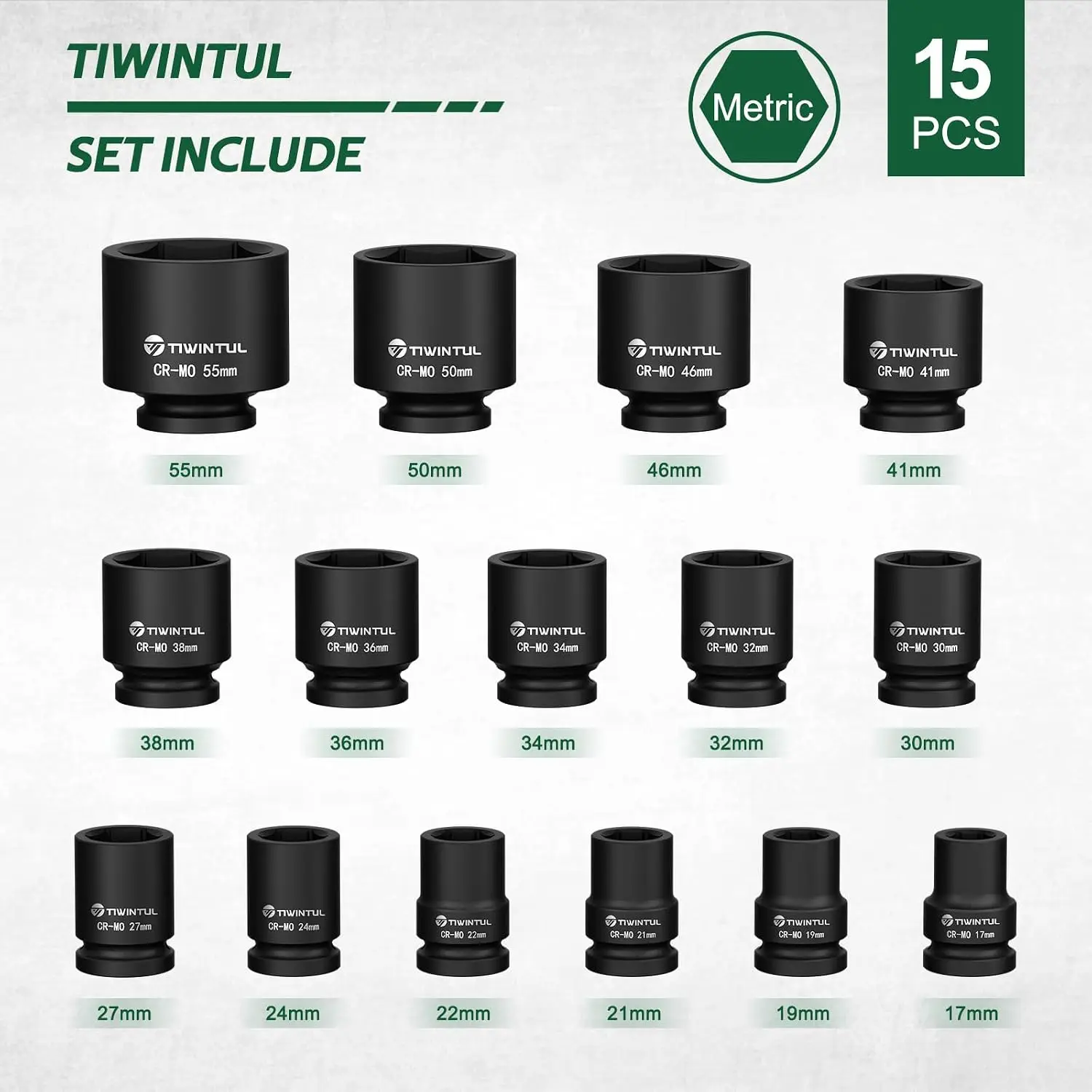 3 4 Inch Drive Impact Socket Set 15 Piece Metric 17 55 Mm CR MO 6 Point Heavy Duty Storage Case Easy To Read Size Markings Rugge