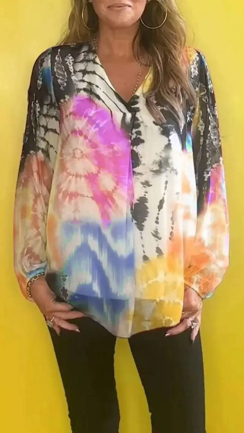 2024 Casual Tie Dye Printed Multicolor Plus Size Women's V Neck Long Sleeve Women's Shirt Women's Blouses Trend Shirts & Blouses