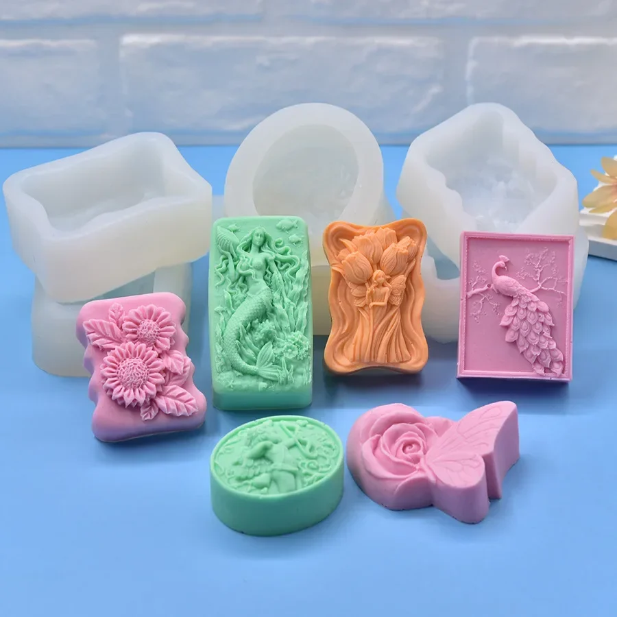 Multi-style Printed Soap Molds Flowers Peacock Butterfly Angel Mermaid Girl Silicone Mold DIY Aromatherapy Soap Handmade Gifts