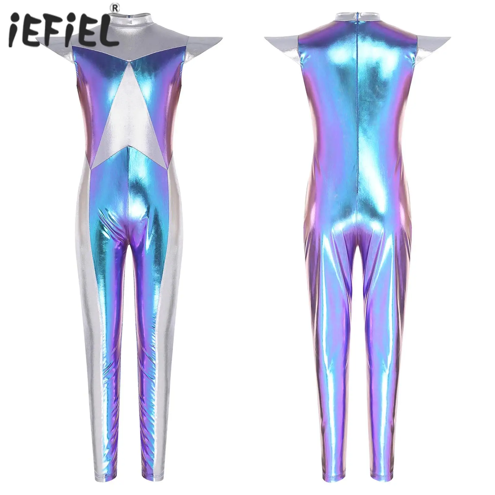 

Kids Girls Alien Cosplay Costume Cap Sleeve Color Block Metallic Jumpsuit for Halloween Carnival Themed Party Fancy Dress Ups