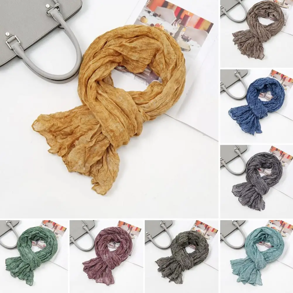 Women Scarf Women’s Solid Color Pleated Scarf Versatile Long Cotton Linen Shawl Retro Style Comfortable Fashion Accessory