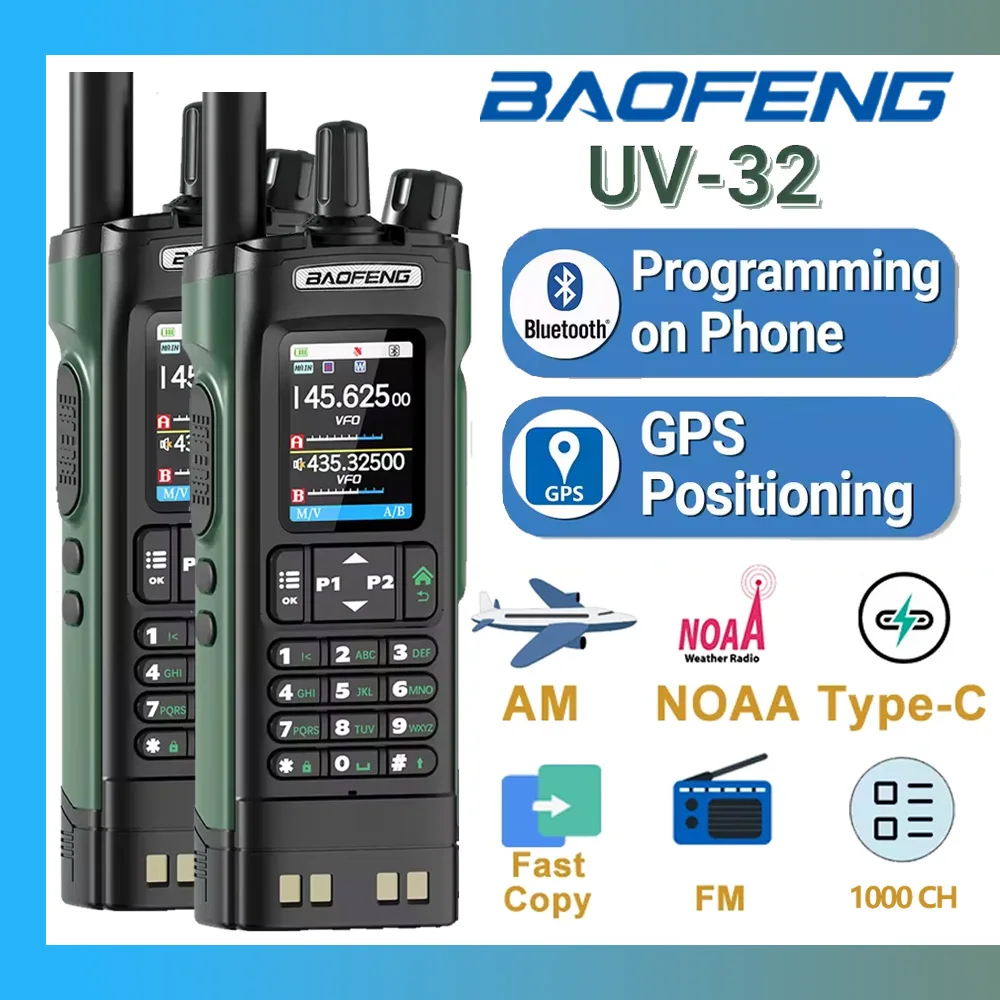 2PCS Baofeng UV-32 10W GPS Multi Band Bluetooth Programming Wireless Copy Frequency NOAA Long Range Ham FM Two Way Radio