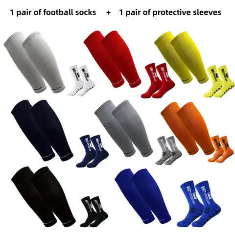 1 pair of football socks+1 pair of protective sleeves Football Socks for Men and Women Anti-Slip Grip Comfortable