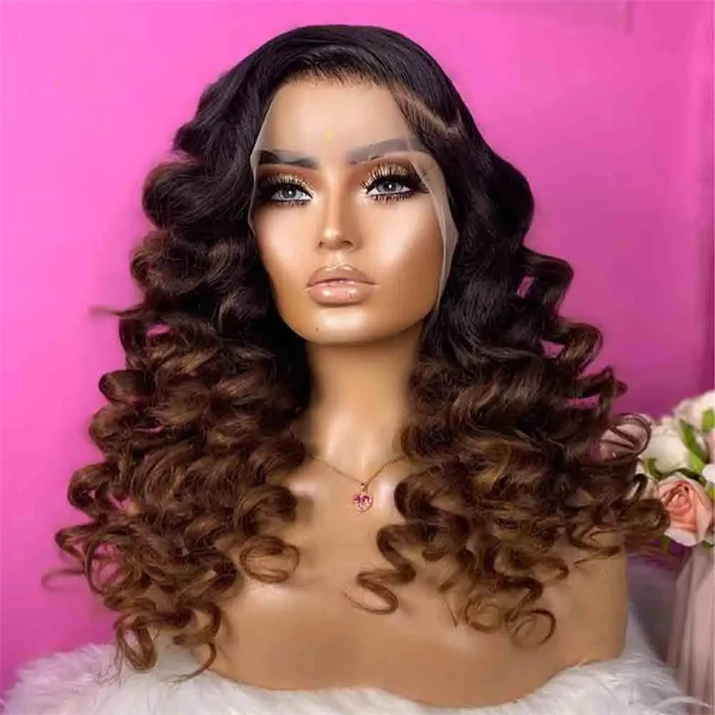 Ombre Brown Soft Glueless Preplucked 28 inch Long 200% Density Deep Wave Lace Front Wig For Women With Baby Hair