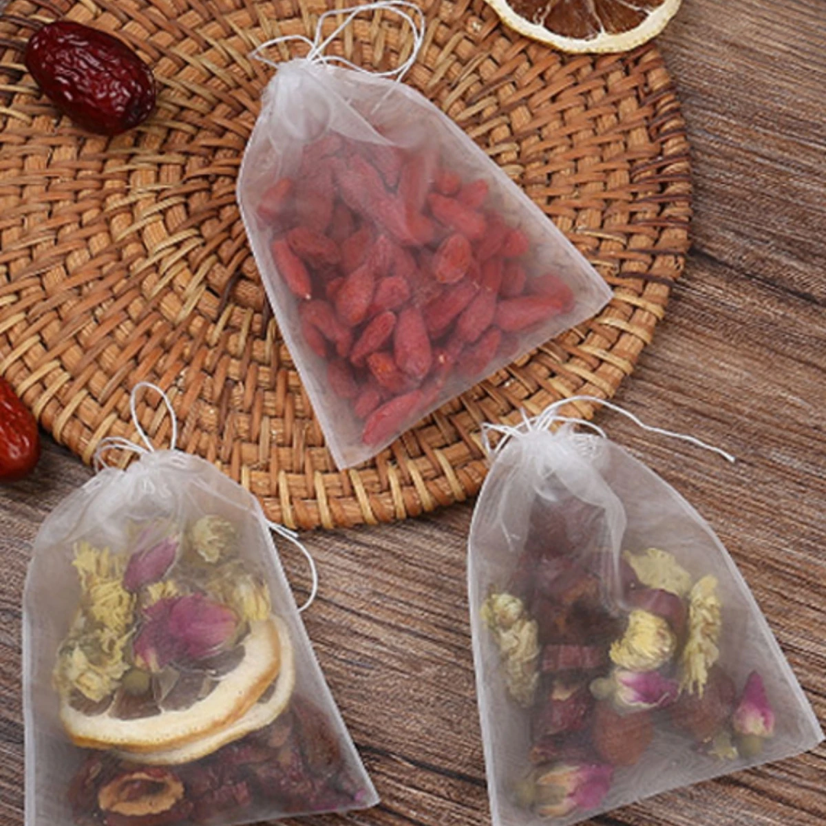 50pcs Reusable Nylon Tea bags Empty Tea Filter Bags for Loose Leaf Tea Coffee Spice Tea Infuser Bags with Drawstring Teabags