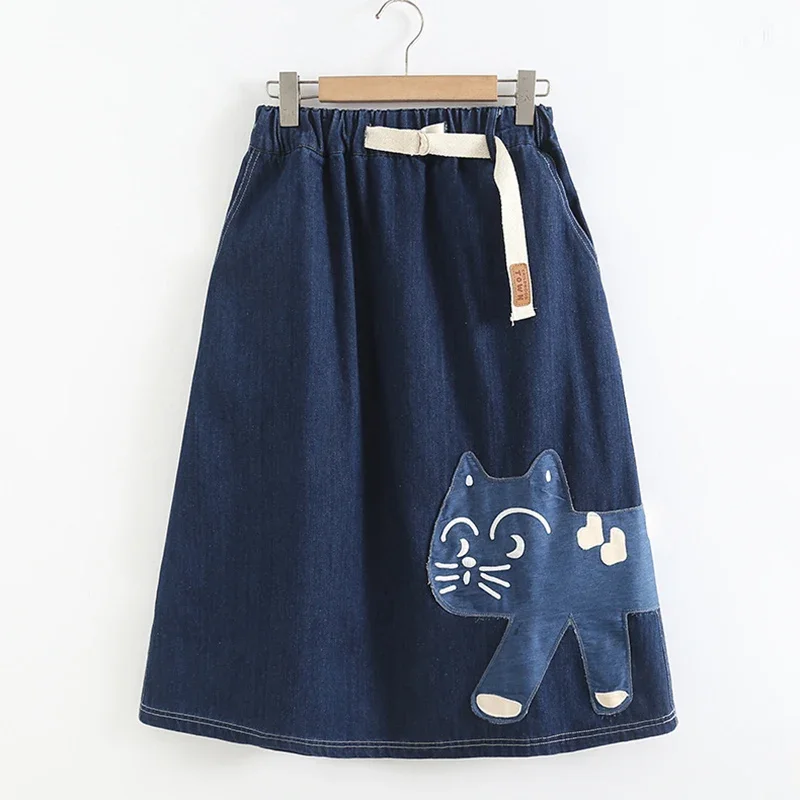 

Spring Autumn Sweet Cartoon Cat Embroidery Denim Skirts Women Mori Girl Elastic Waist Female Kawaii Cotton Cowboy Skirts