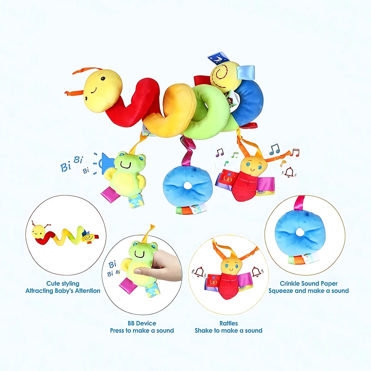 Caterpillar Baby-Kinderwagen-Spiralhängespielzeug für frühkindliches Lernen mit BB-Quietscher und Knisterpapier für Kinderbett, Autositz, Säuglinge 0-12 Monate – Detail 4