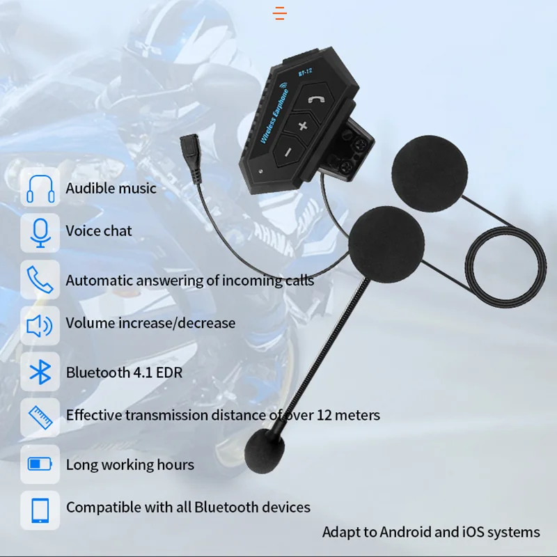 

Bluetooth Helmet Headset BT12 Motorcycle Earphone Waterproof Hifi Sound Wireless Motor Headphone Speaker Anti-Interference