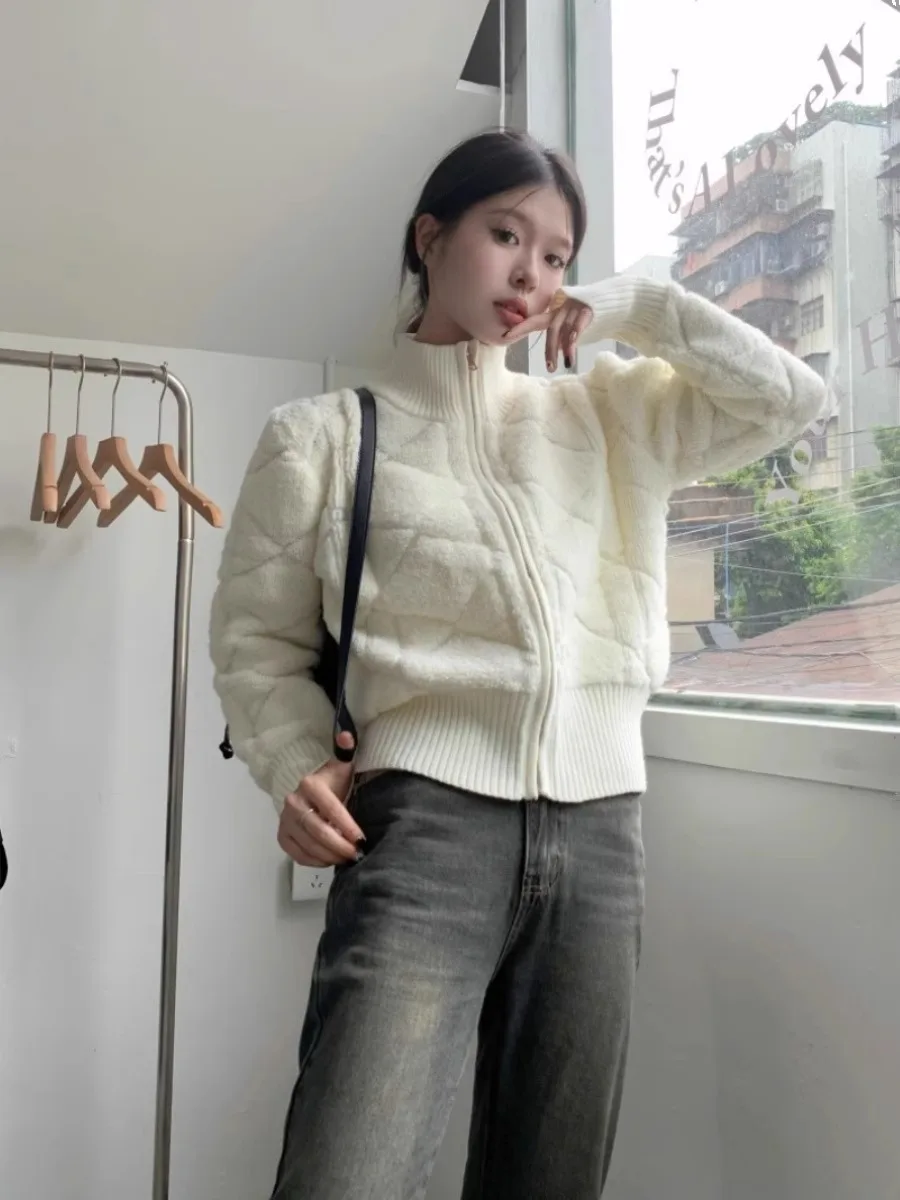 High Collar Short Zipper Knitted Sweater Jacket Women's Autumn Winter New Style Stand Collar Open Cardigan Top Winter