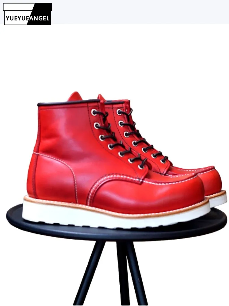 

Winter Men Cowhide Ankle Boots Hard Wearing Lace-Up Motorcycle Boots Flat Heel Workwear Boots Retro Square Toe Footwear Hot Sale