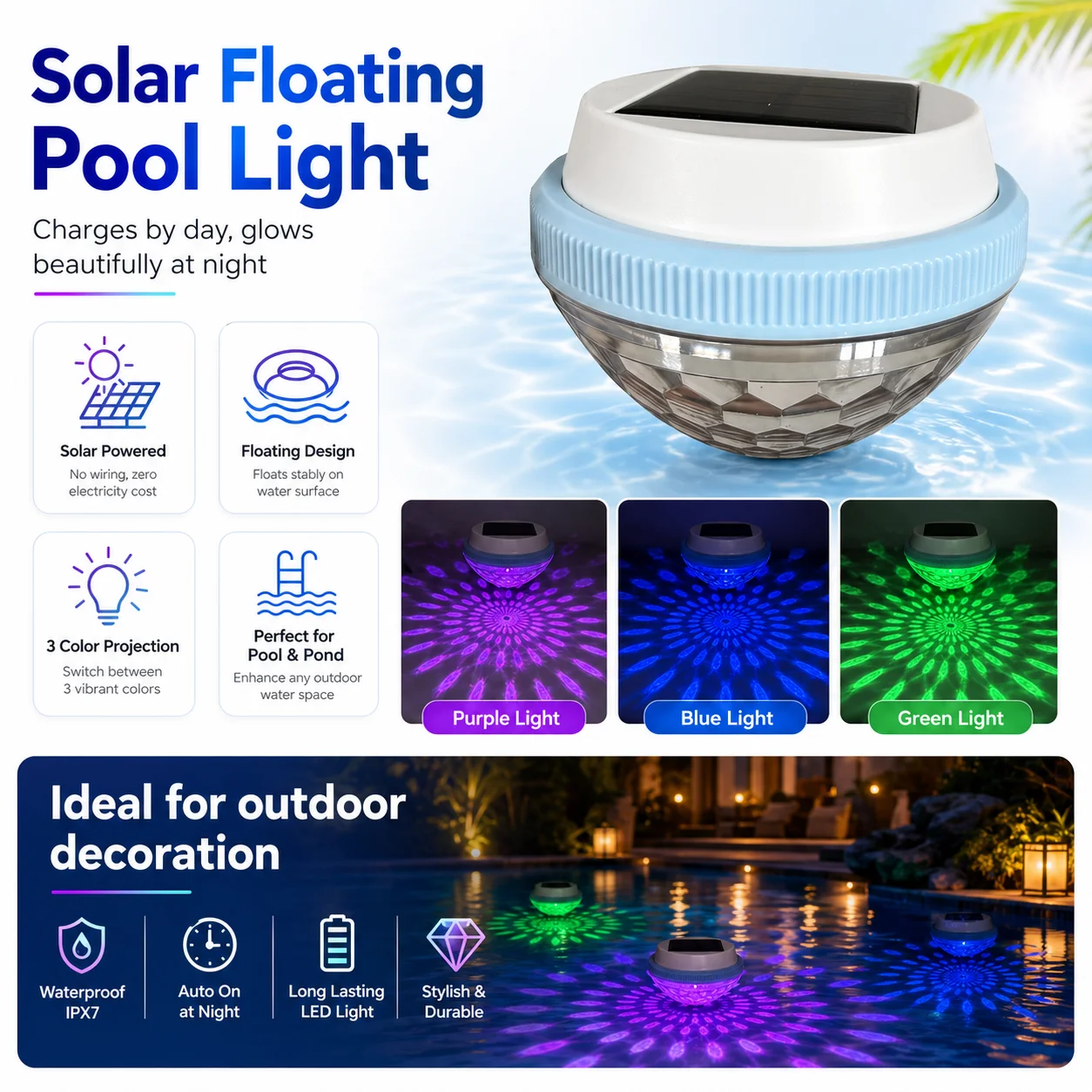 ソーラーフローティングプールライト充電式LEDライトガーデン - Pool Light Solar Rechargeable のレビューと価格