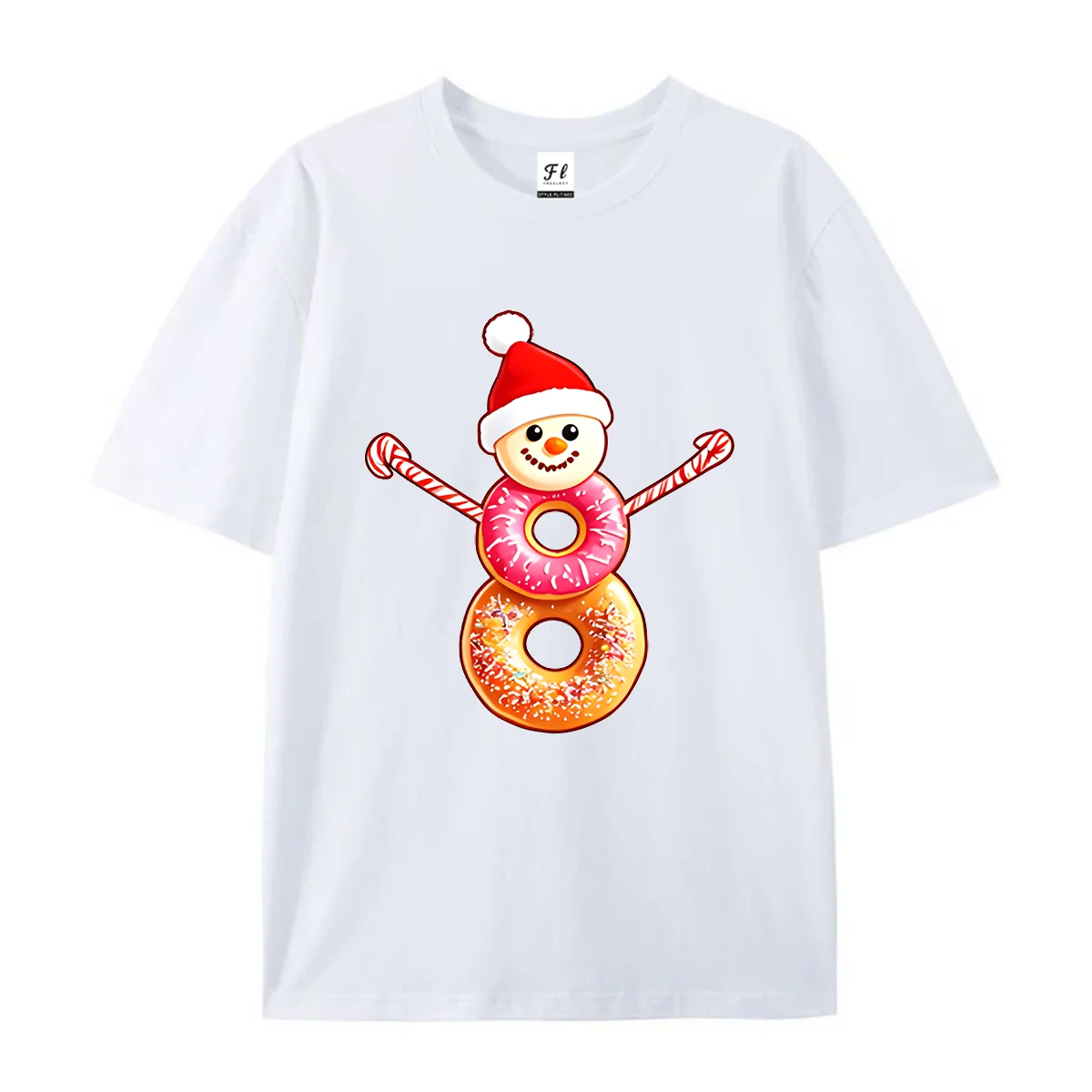 Women Funny Donut Snowman Christmas Graphic T Shirt Summer O Neck Short Sleeve Candy Cane Santa Hat Sweet Food Print Soft Casual