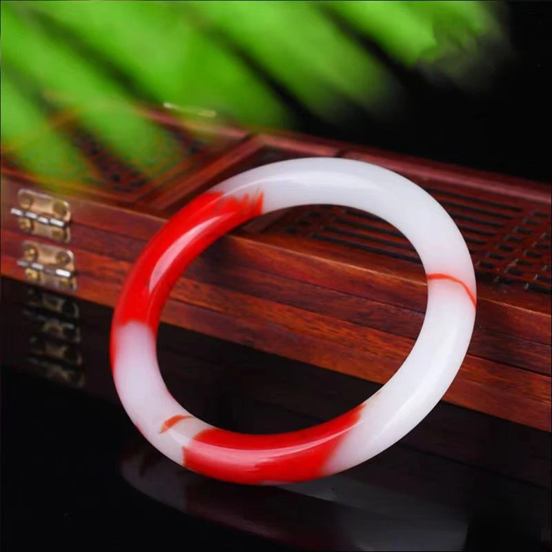 New Chicken Blood Jade Round Bar Bracelet White and Red Women's Simple and Versatile Jade Bracelet