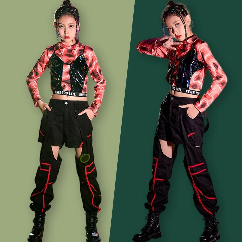

Hip Hop Costume Cool Girls Kpop Stage Outfit Black And Red Jazz Dance Set Hollow Out Pants Children Clothing Street Dance Wear