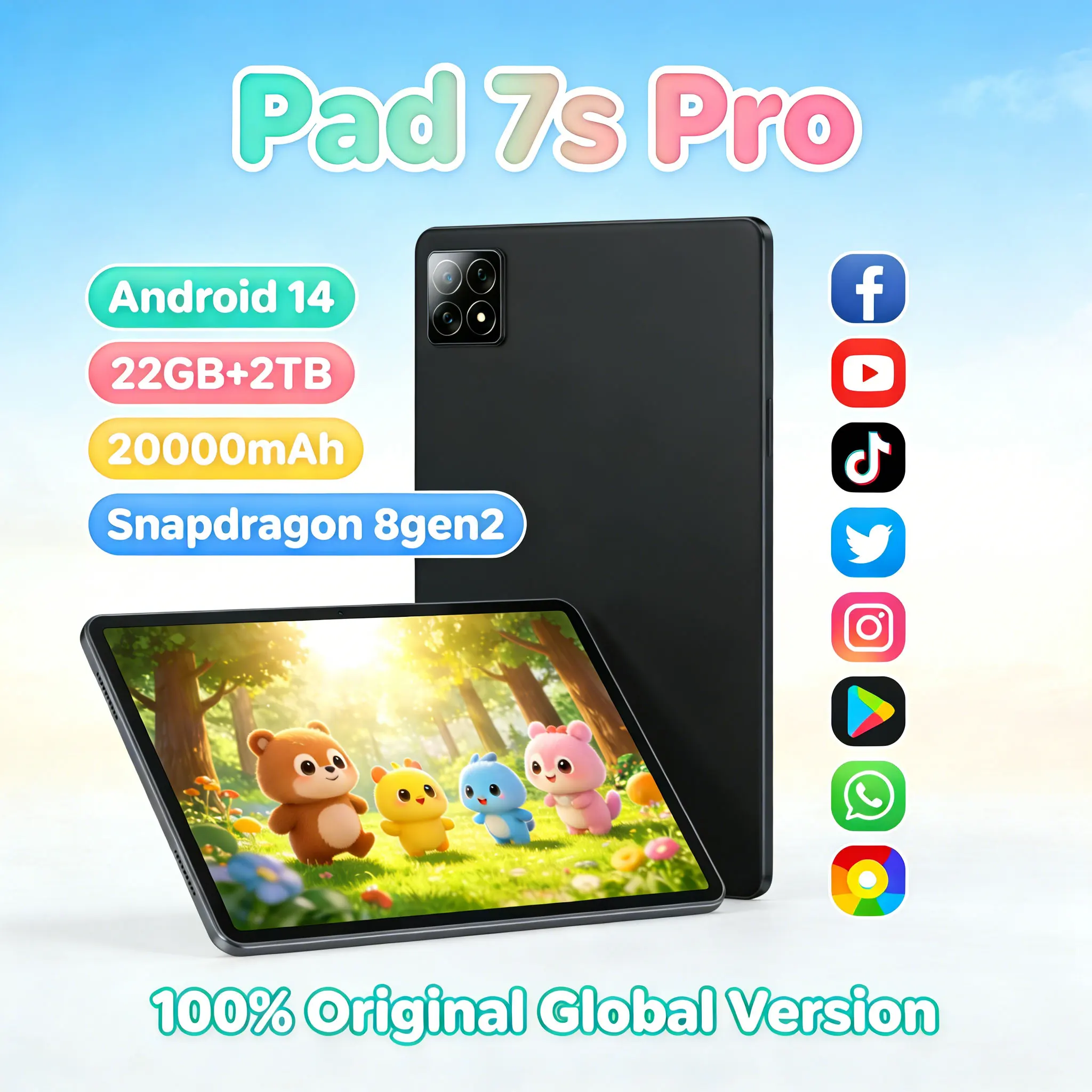 

Original Pad 7S Pro 2026 Tablet Snapdragon 8 Gen 2 Android14 22GB RAM 2TB ROM 5G Dual SIM 4K HD GPS WiFi Kids Learning Tablet PC