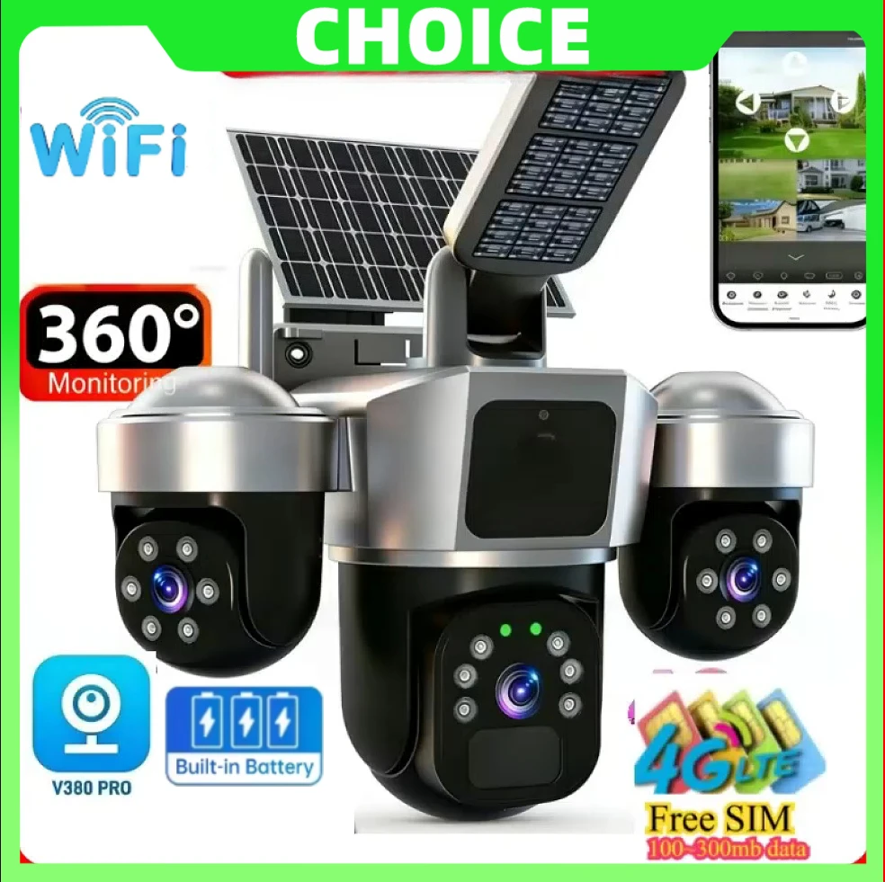 2-in-1 Solar Lighting Three Screens WiFi Security Camera Outdoor PIR Wireless CCTV Surveillance Solar 4G Sim Cam V380