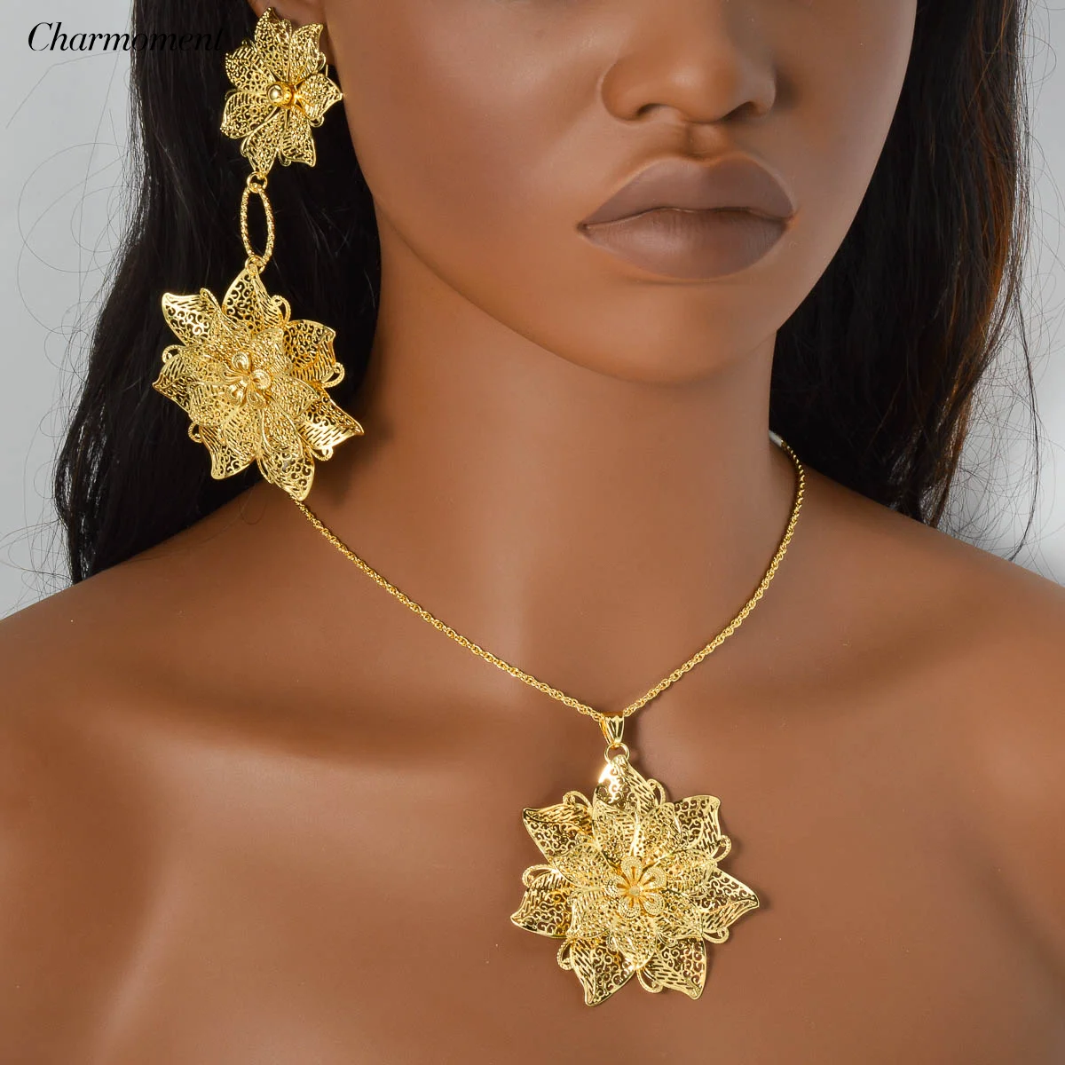

New Luxury Plant Flower Jewelry Set for Women Sweet Hollow Out Chain Choker Necklace Originality Female Drop Earrings Enfashion