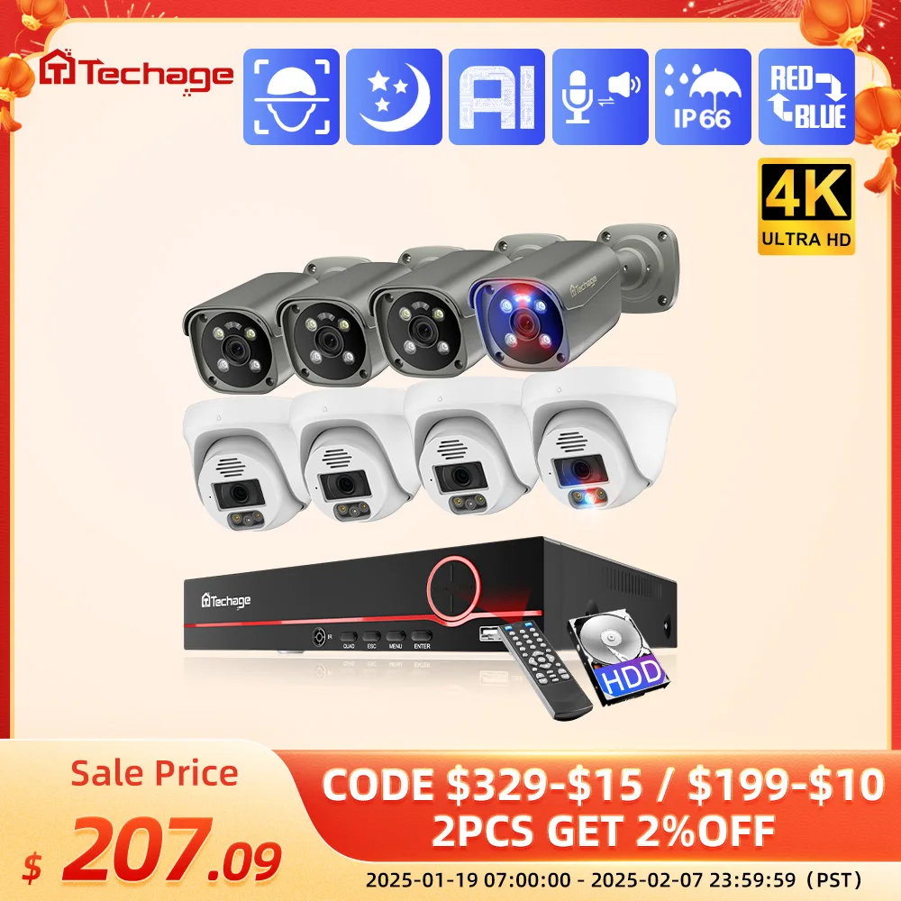 

Techage 4K 8MP POE Security Camera Kit Face Detection Two-way Audio Indoor Outdoor Surveillance Kit CCTV Video