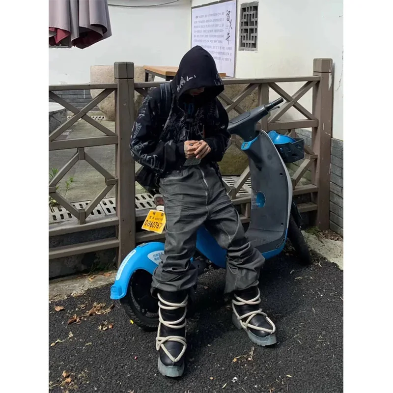 Rick high street RO style distressed black micro-flared jeans, retro washed and distressed floor-length pants