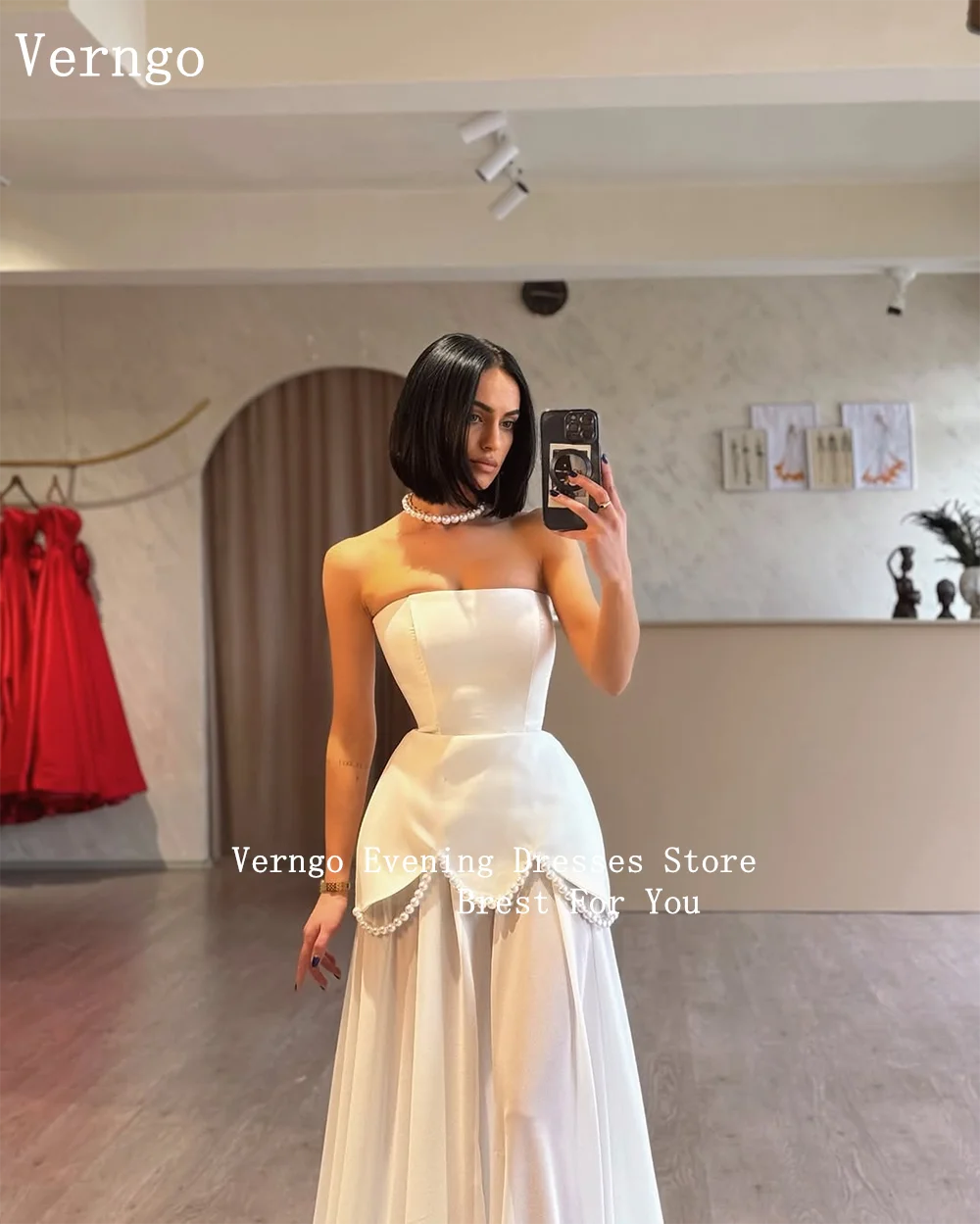 Verngo Elegant Crepe Evening Dress Pearls Strapless A Line Formal Occasion Dresses Women Long Slim Prom Gowns Customized - Image 3