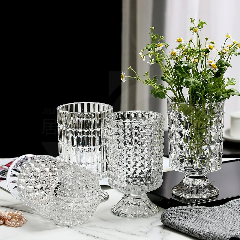 Internet Celebrity Simple Relief Light Luxury European Transparent Glass Vase High Foot Flower Arrangement Water Hydroponics Des