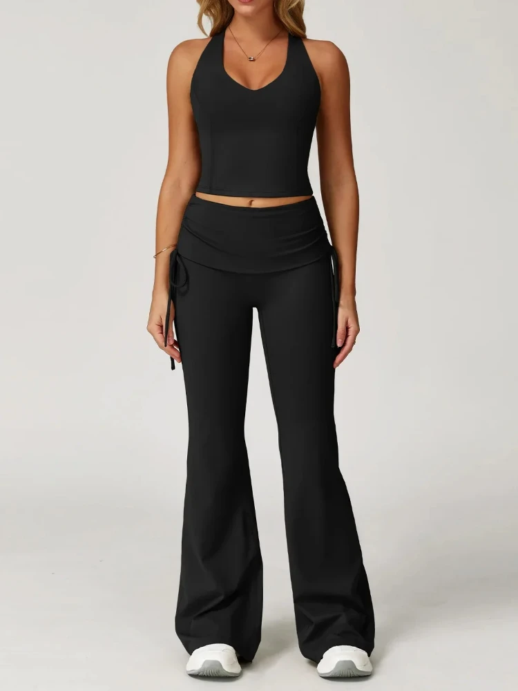 Women Yoga Set Sexy I-shaped Back Sports Vest High Waist Wide Flare Pants Gym Workout Clothes Fitness Suit Tracksuit Active Wear