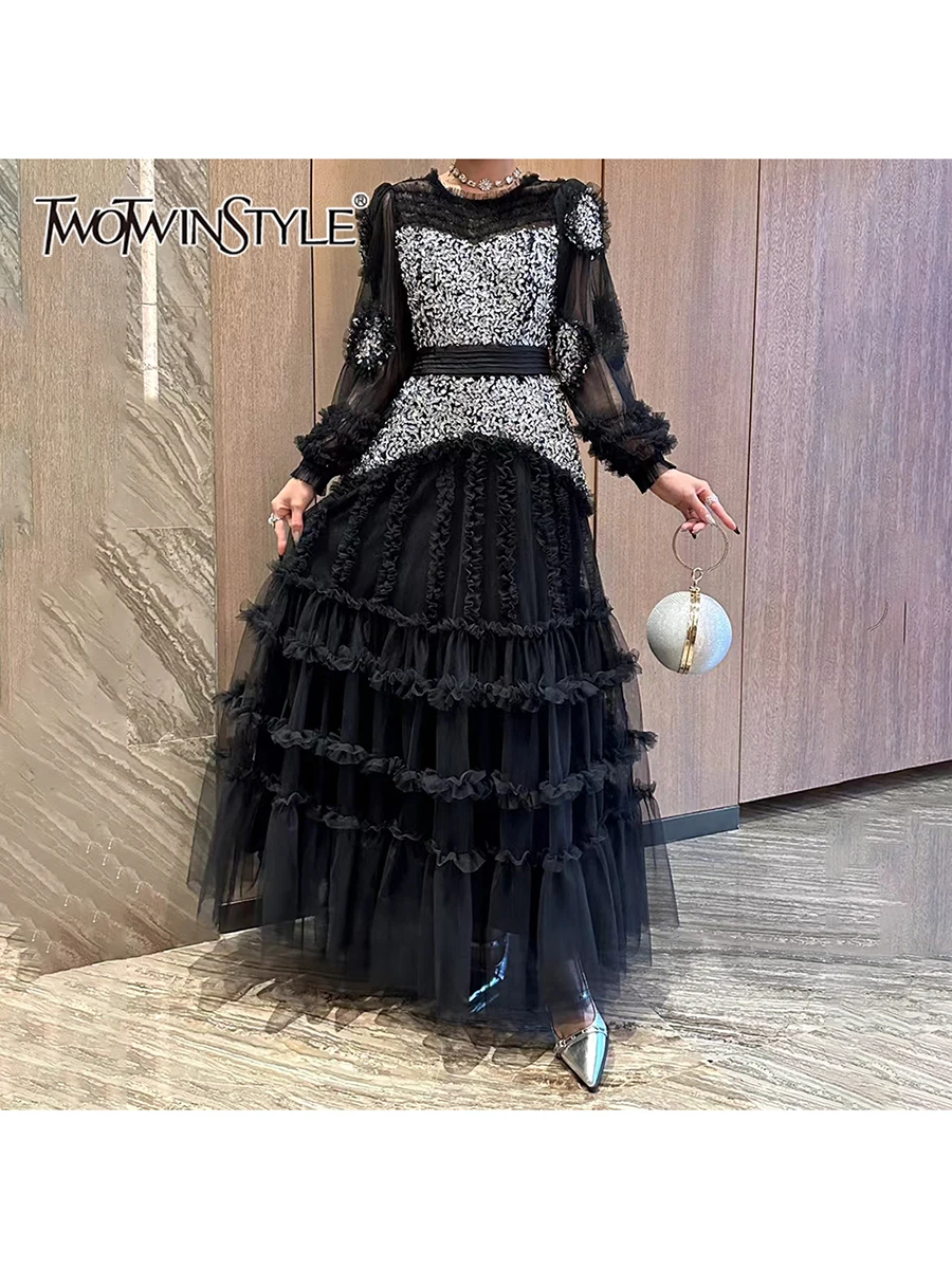 TWOTWINSTYLE Solid Spliced ลูกปัดหรูหราชุดผู้หญิง O คอยาวแขนยาวเอวสูง SHEER Patchwork เชื้อราชุดหญิง