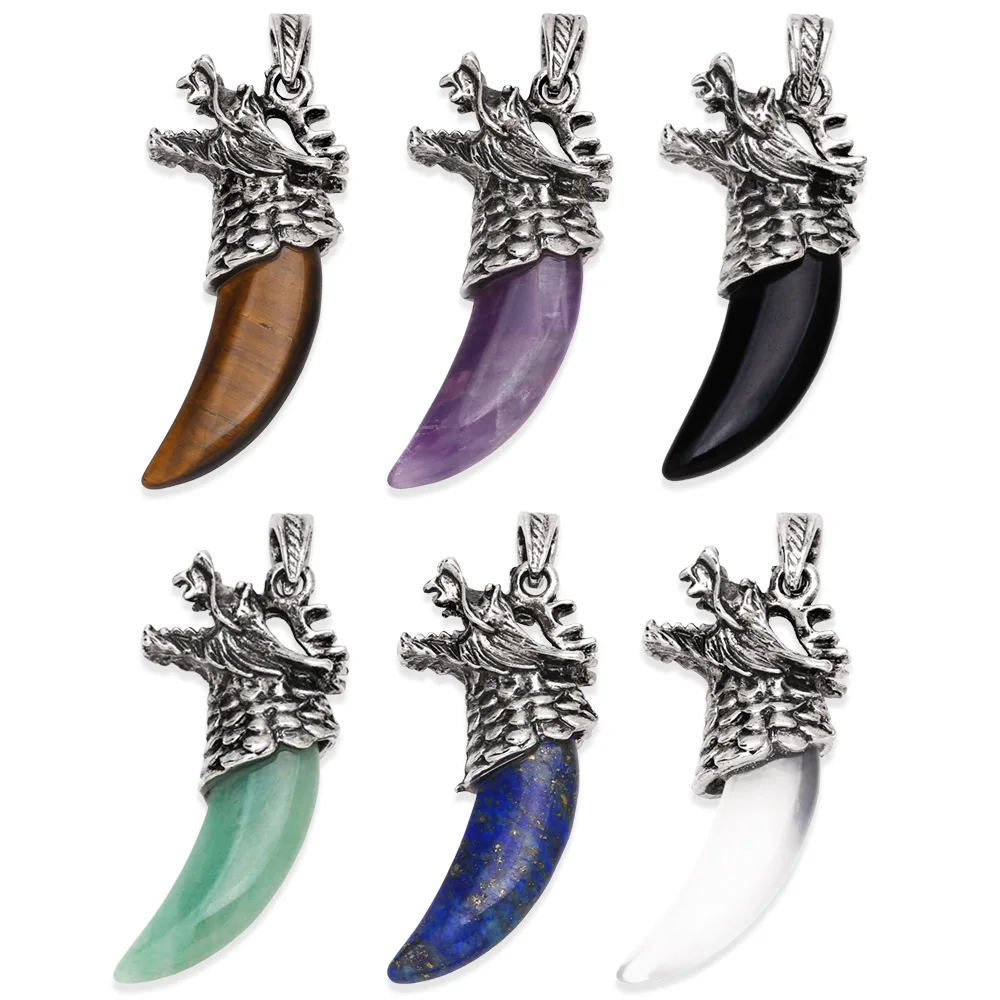 OCESRIO Natural Stone Dragon Ivory Shape Necklace Pendant For Men Copper Amethyst Tiger Eye DIY Jewelry Making Supplies Pdta922