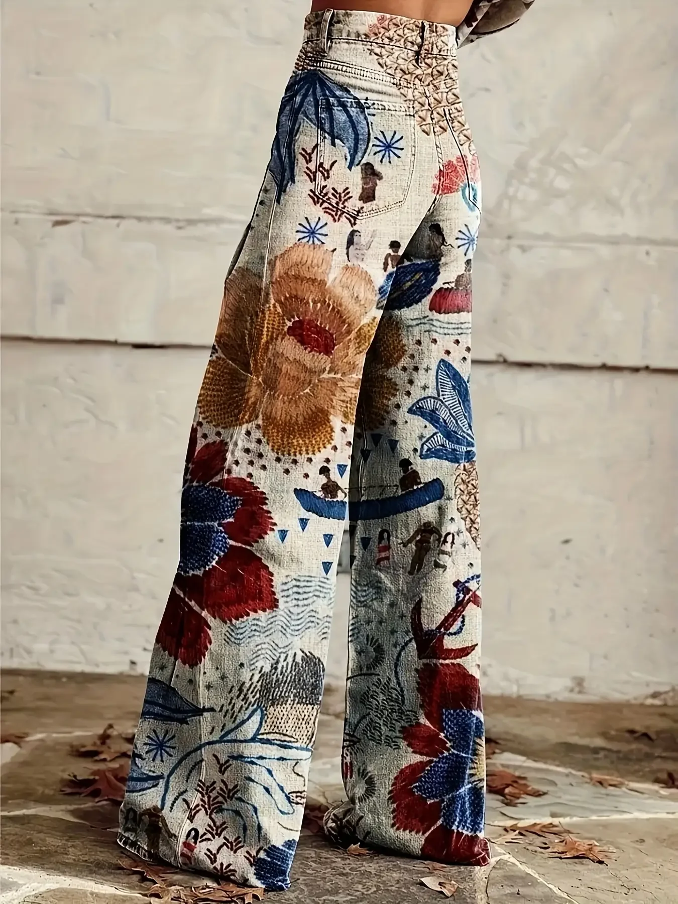 2026 Chinese retro yellow and red flower printed loose trumpet imitation jeans