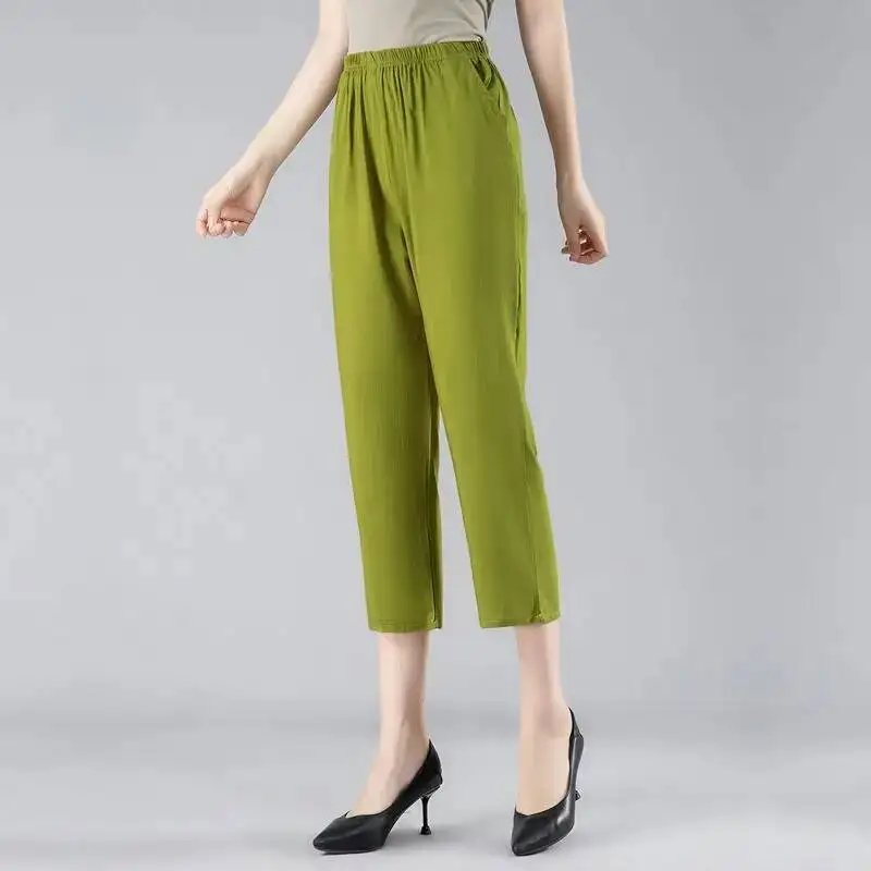 2025 Summer Women Casual Thin Capri Pants Fashion Hight Elastic Waist Straight Leg Pants For Middle-aged Mothers