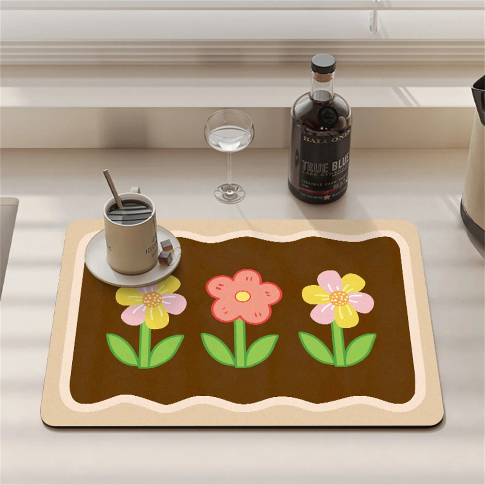 Coffee machine drain white daisies Kitchen countertop absorbent mat small wild flower dry non-slip bar washable heat mat