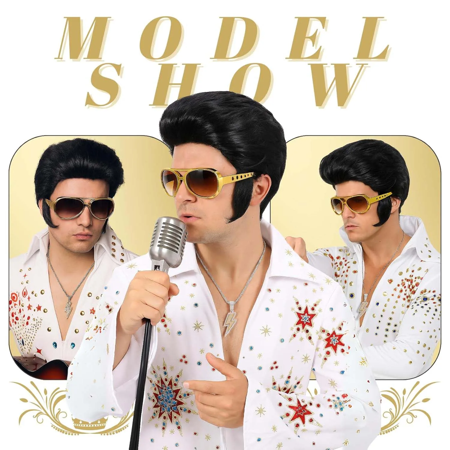 Synthetic Elvis Black Wig+Glasses Necklace for Men's 1950s Disco Party Short Men Wig for Singer Star Cosplay Halloween or Fun