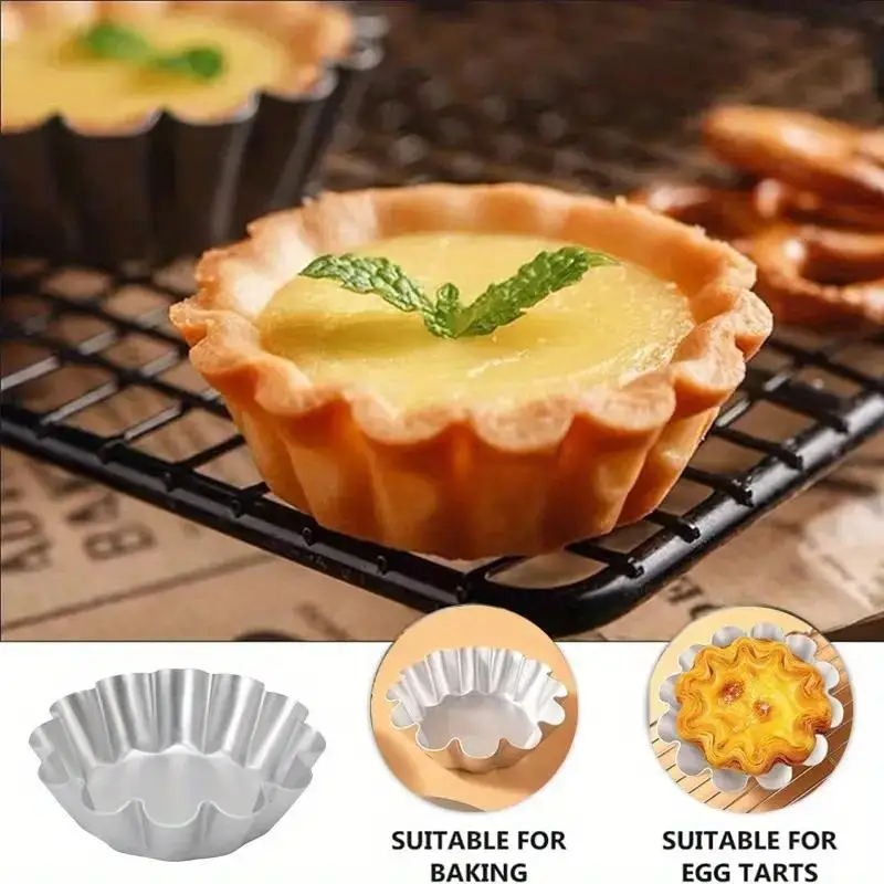 Thickened Aluminum Alloy Lace-Edged Egg Tart Mold, Reusable Portuguese-Style Egg Tart Shell Mold, Home Baking Chrysanthemum-Shaped Small Cake Pudding Baking Mold