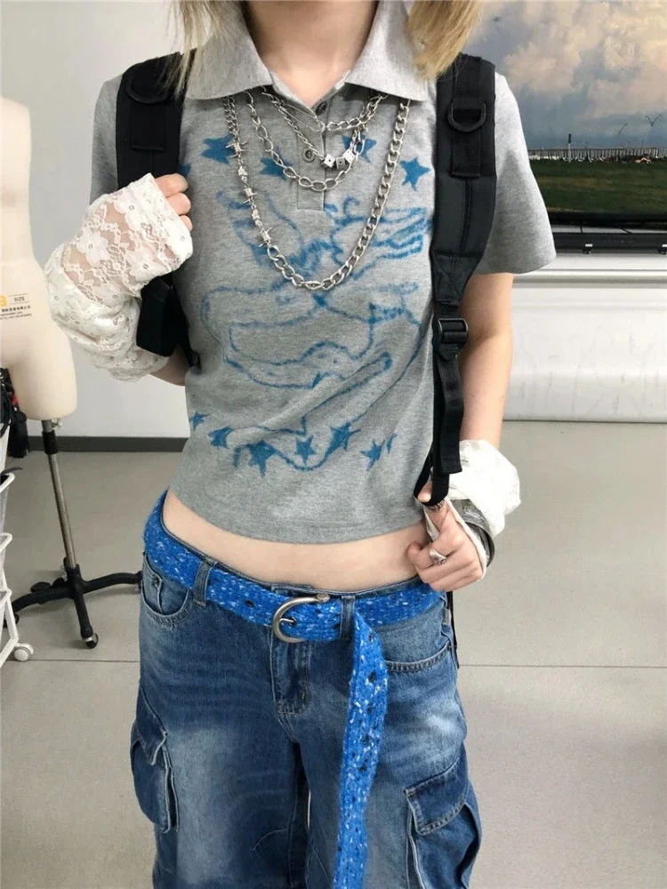 Deeptown Gray Cartoon Print Women Cropped T-Shirts Y2k Short Sleeve Polo Collar American Vintage Tee Slim Harajuku Casual Summer
