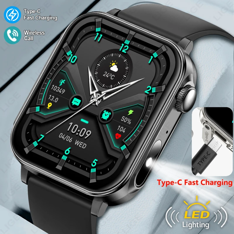

LIGE Type-C Смарт-часы с быстрой зарядкой для мужчин и женщин Менеджер здоровья Bluetooth-вызов Светодиодный фонарик Водонепроницаемые спортивные умные часы для фитнеса