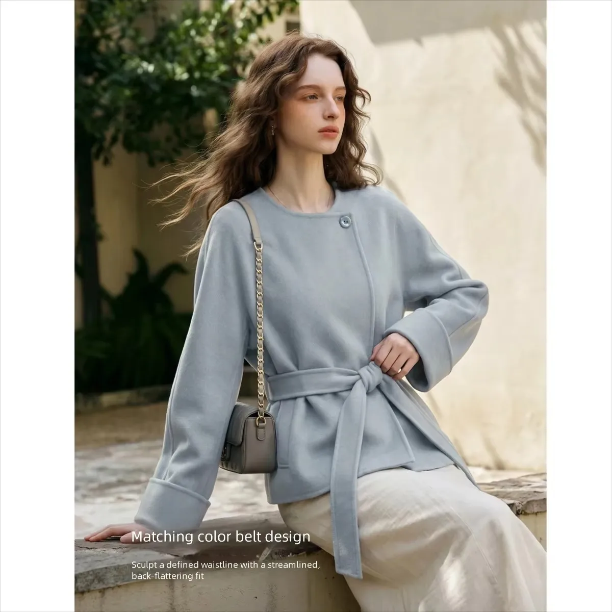 OLrain tweed jacket women's clothing 2026 autumn and winter new blue French commuter lace-up waist fashion top GO58QS011258