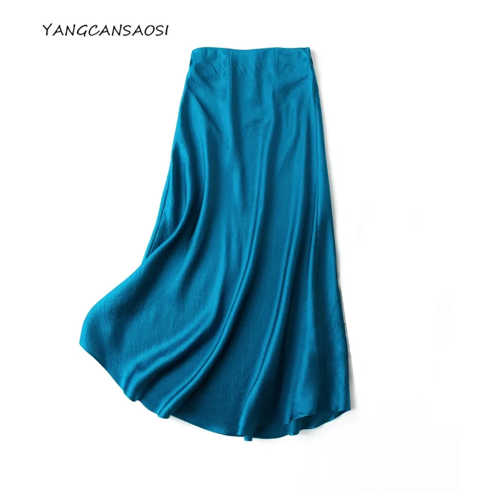 2026 Women's Fashion Clothing 100% Natural Mulberry Silk Pearl Satin Peacock Blue Elastic Waist Bag Hip Tail Skirt