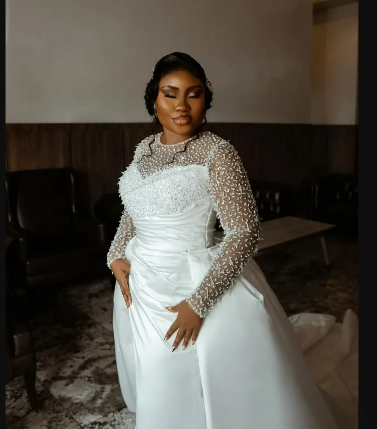 Vestido de novia de sirena con cuentas brillantes de lujo personalizado para novia, mangas largas, vestidos de novia de talla grande con falda extraíble