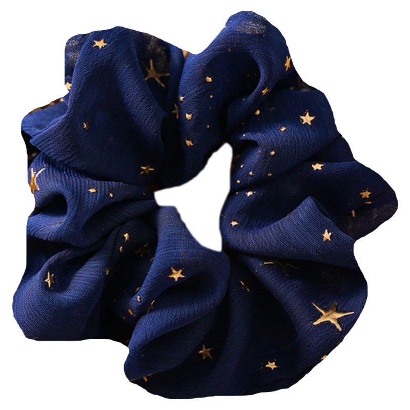 1Pcs Star Print Chiffon Large Intestine Hair Rope For Headdress Girls/Elastic Hair Ties/Rope Ponytail Holder Blue